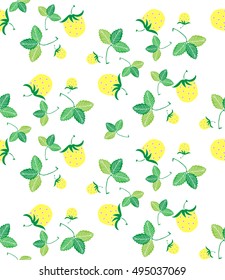 Seamless pattern strawberry, yellow berries, leaf and flowers on a white background, flat, hand drawing, kawaii, bright print for fabric, wallpaper, curtains, posters, vector illustration EPS 8