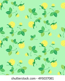 Seamless pattern strawberry, yellow berries, leaf and flowers on a mint green background, flat, hand drawing, kawaii, bright print for fabric, wallpaper, curtains, posters, vector illustration EPS 8