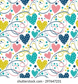 Seamless pattern with streamers, hearts and confetti.