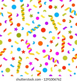 Seamless pattern with streamers, stars and confetti. Seamless vector background.