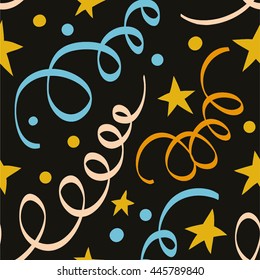 Seamless pattern with streamers, stars and confetti.