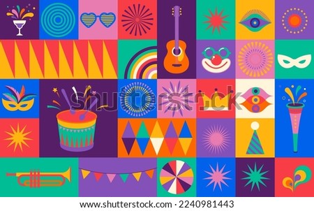 Seamless pattern, street art, carnival concept design. Colorful geometric background with splashes, speech bubbles, masks and confetti 
