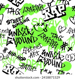 Graffiti negro de patrón sin foco, elementos de letras subterráneas en el estilo grunge con etiquetas. Arte de pintura con aerosol salvaje urbano. Set green creative vector design Adolescente para camiseta