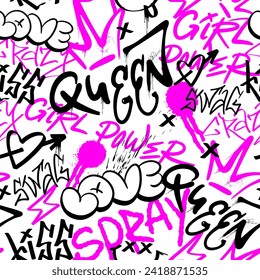 Nahtlose Muster Straße schwarz-rosa Graffiti Queen Elemente in Grunge-Stil. Symbole des Feminismus. Starke sprühfarbene Farbe. Installieren Sie ein kreatives Vektordesign für ein T-Shirt oder ein Sweatshirt.