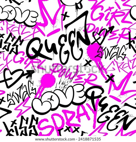 Seamless pattern street black and pink graffiti Queen elements in grunge style. Symbols of feminism. Urban savage spray paint. Install a creative vector teen design for a T-shirt or sweatshirt.