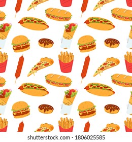 Seamless pattern with street fast food. Burger, sandwich, french fries, donner kebab, noodles, donut, sausage, hot dog and a slice of pizza. Use for poster, t-shirt print, textile, wrapping paper.