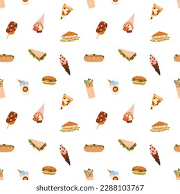 Seamless pattern, street fast food repeating print. Takeout snacks, sweet desserts, endless background. Texture design with burger, ice-cream, sandwich, hot dog. Colored flat vector illustration