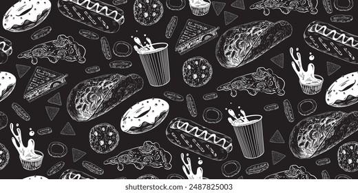 Seamless pattern with street food. Drawn on chalkboard sketch style taco, nachos, sandwich, coffee, hot dog, pizza, donut, fried onion rings. Mexican cuisine. Collection of fast food isolated on black