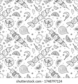 Seamless pattern with street food elements on white background. Vector sketch hand drawn illustration in doodle outline style. Doner kebab, shashlik, shawarma, marinated, skewer, vegetable