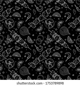 Seamless pattern with street food elements on black background. Vector sketch hand drawn illustration in doodle outline style. Doner kebab, shashlik, shawarma, skewer, vegetable, barbecue, vegetable