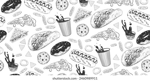 Seamless pattern with street food. Sketch style taco, nachos, sandwich, coffee, hot dog, pizza, donut, fried onion rings. Mexican cuisine. Collection of fast food isolated in white background