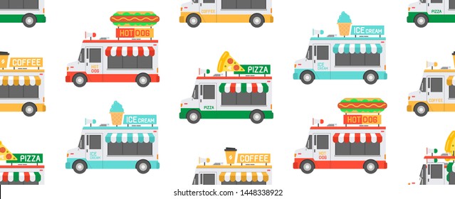 Seamless Pattern with street Food Trucks. isolated on white background