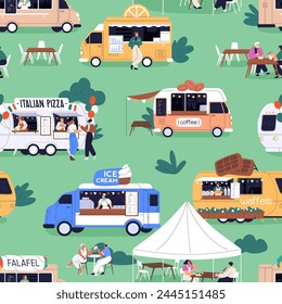 Nahtloses Muster, Street Food Trucks, Open-Air-Festival. Winzige Leute essen draußen im Park im Sommerurlaub, endloser Hintergrund, wiederholter Druck für Verpackungsdesign. flache Vektorillustration