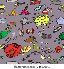 Seamless pattern with street garbage and waste in doodle style.