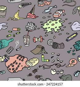 Seamless pattern with street garbage and waste in doodle style.
