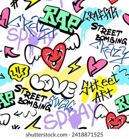 Seamless pattern street graffiti lettering elements in the grunge style with tags, drips and blobs. Urban savage spray paint art. Set creative vector design teenage graffiti cartoon for tee t shirt