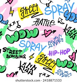 Seamless pattern street graffiti lettering elements in the grunge style with tags, drips and blobs. Urban savage spray paint art. Set creative vector design teenage graffiti cartoon for tee t shirt