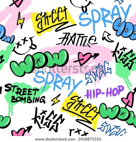 Seamless pattern street graffiti lettering elements in the grunge style with tags, drips and blobs. Urban savage spray paint art. Set creative vector design teenage graffiti cartoon for tee t shirt