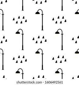 Seamless pattern with street light black silhouettes isolated on white background. Modern and vintage street lights. Elements for landscape construction. Vector illustration for design, wrapping paper