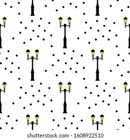 Seamless pattern with street light black silhouettes isolated on white background. Modern and vintage street lights. Elements for landscape construction. Vector illustration for design, wrapping paper