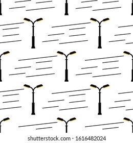 Seamless pattern with street light black silhouettes isolated on white background. Modern and vintage street lights. Elements for landscape construction. Vector illustration for design, wrapping paper