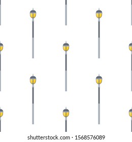 Seamless pattern with street lights cartoon isolated on white background. Modern and vintage street light. Elements for landscape construction. Vector illustration for design, web, wrapping paper.