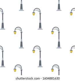 Seamless pattern with street lights cartoon isolated on white background. Modern and vintage street light. Elements for landscape construction. Vector illustration for design, web, wrapping paper.