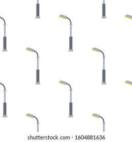 Seamless pattern with street lights cartoon isolated on white background. Modern and vintage street light. Elements for landscape construction. Vector illustration for design, web, wrapping paper.