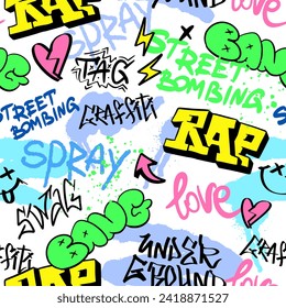 Seamless pattern street RAP graffiti lettering elements in the grunge style with tags, drips and blobs. Urban savage spray paint art. Set creative vector design teenage graffiti cartoon for tee