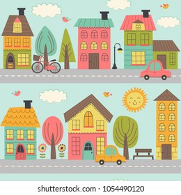 seamless pattern with street of small town