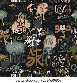 Seamless pattern with street wall graffiti tags art. Seamless urban typography hipster street art graffiti wall slogan pattern. Cool hip hop vector design. Vector illustration.