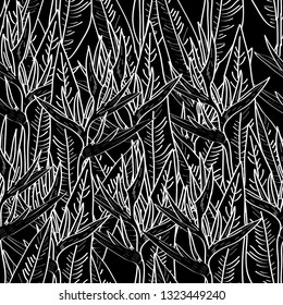 Seamless pattern with strelitzia flowers leaf sketch, white contour black background. simple ornament, Can be used for Gift wrap, fabrics, wallpapers. Vector