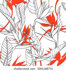 Seamless pattern with strelitzia flowers and leaves. Floral texture with bird of paradise or crane flower plant. Unique hand drawn print for fabric.  Line drawing, tropical plants.