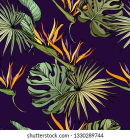 Seamless pattern with strelitzia flowers and tropical leaves. Hand drawn vector on dark purple background.