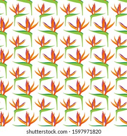 Seamless pattern with Strelitzia reginae flowers, for textiles, packaging, backgrounds, embossing and texture. Bright modern colors.