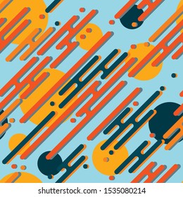 Seamless pattern. Stretched geometric shapes with rounded edges. Diagonal arrangement. Colorful circles. High contrast geometry background. Orange and blue