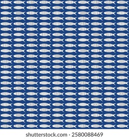 Seamless pattern with strings of stylized fish on blue background