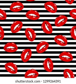 Seamless pattern in a strip with red lips. Sexy wet lips. Vector illustration
