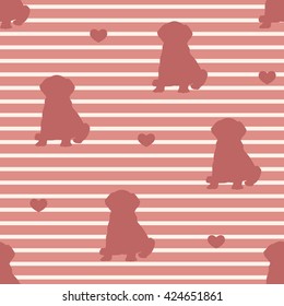 Seamless pattern  in a strip with Silhouette puppy and heart. Vector background 