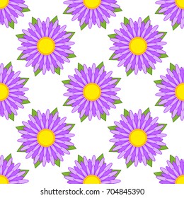 Seamless pattern of striped asters of purple with green leaves on a white background
