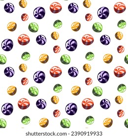 Seamless pattern with striped balls, colorful caramel candies. Vector cartoon background with sweet jelly beans with a spiral pattern, caramel balls. Chocolate factory and sweets on white.
