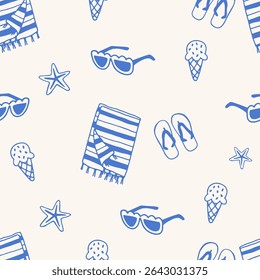 Seamless pattern with striped beach towels, sunglasses, flip flops, ice cream cones, and starfish on light background. Hand-drawn style repeat surface. Summer vacation and beach leisure concept