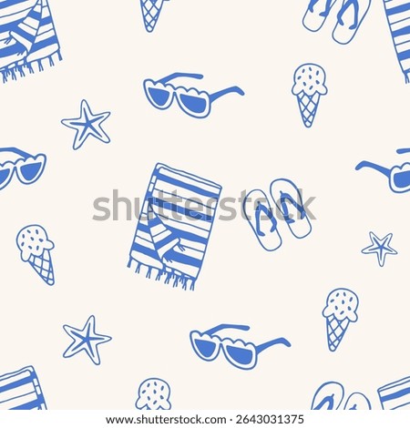 Seamless pattern with striped beach towels, sunglasses, flip flops, ice cream cones, and starfish on light background. Hand-drawn style repeat surface. Summer vacation and beach leisure concept