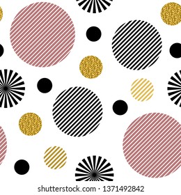  Patrón sin problemas. Círculos y círculos rayados de color negro y rosa con brillo dorado aislado en el fondo blanco. Textos para impresión, papel pintado, decoración doméstica, textil, diseño de paquetes