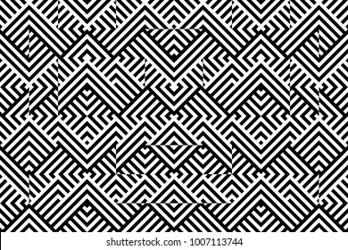 Seamless pattern with striped black white diagonal lines (zigzag, chevron). Rhomboid scales. Optical illusion effect. Geometric tile in op art. Vector illusive background. Futuristic vibrant design.