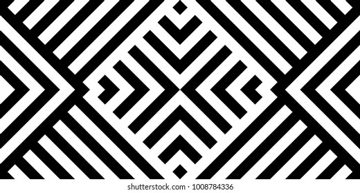 Seamless pattern with striped black white diagonal lines (zigzag, chevron). Rhomboid scales. Optical illusion effect. Geometric tile in op art. Vector illusive background. Futuristic vibrant design.