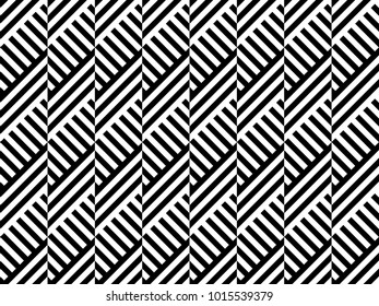 Seamless pattern with striped black white diagonal lines (zigzag, chevron). Rhomboid glume. Optical illusion effect. Geometric tile in op art. Vector illusive background. Futuristic vibrant design.