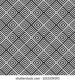 Seamless pattern with striped black white diagonal lines (zigzag, chevron). Rhomboid glume. Optical illusion effect. Geometric tile in op art. Vector illusive background. Futuristic vibrant design.