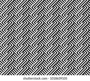 Seamless pattern with striped black white diagonal lines (zigzag, chevron). Rhomboid glume. Optical illusion effect. Geometric tile in op art. Vector illusive background. Futuristic vibrant design.