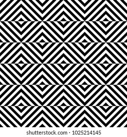 Seamless pattern with striped black white diagonal inclined lines (zigzag, chevron). Optical illusion effect, op art. Vector vibrant decorative background, texture. 